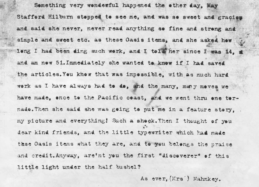 Letter to Mrs. Fletcher from Mrs. Mahnkey